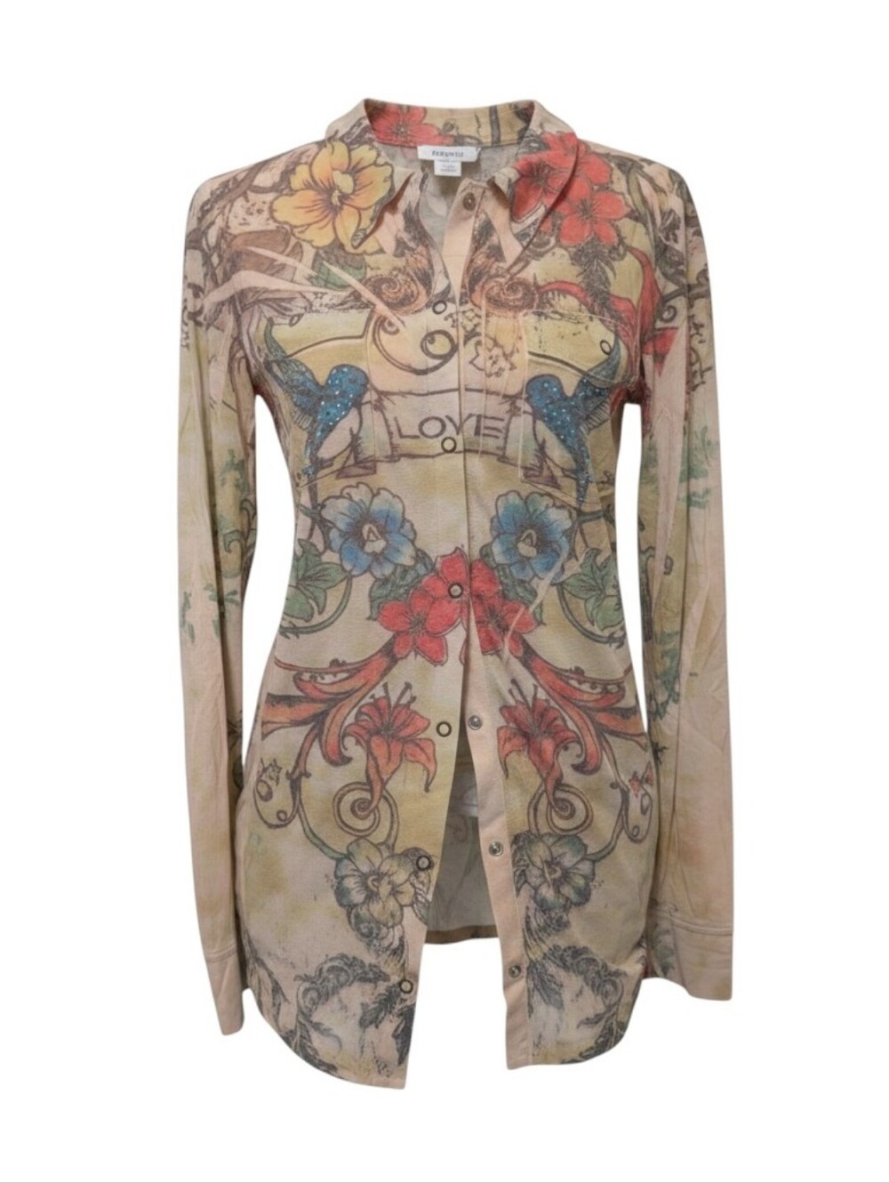 Y2K Multicolor Floral & Bird Print Snap Front Shirt